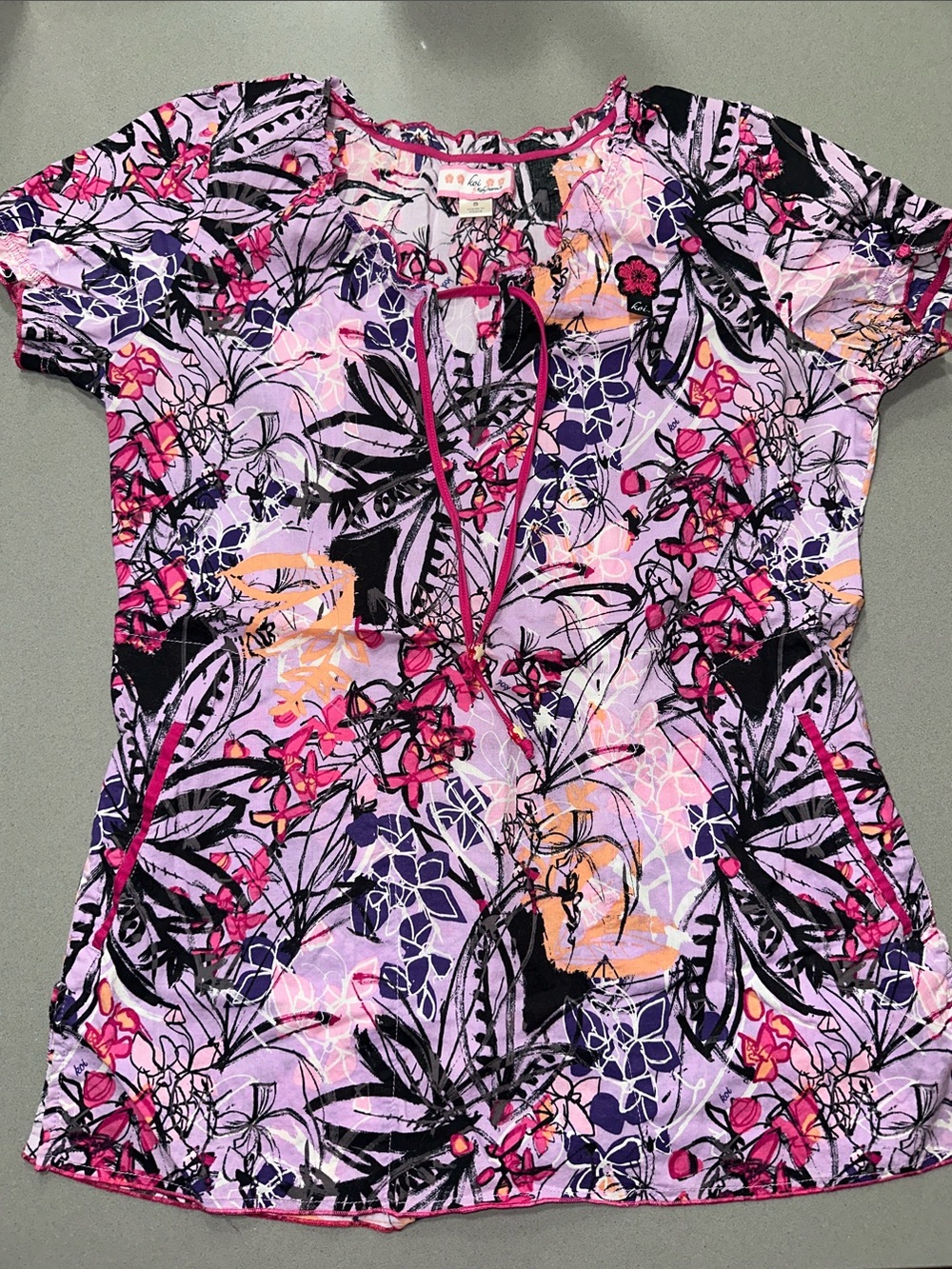 Floral Lavender Short-Sleeve Tunic Top with Pink Trim